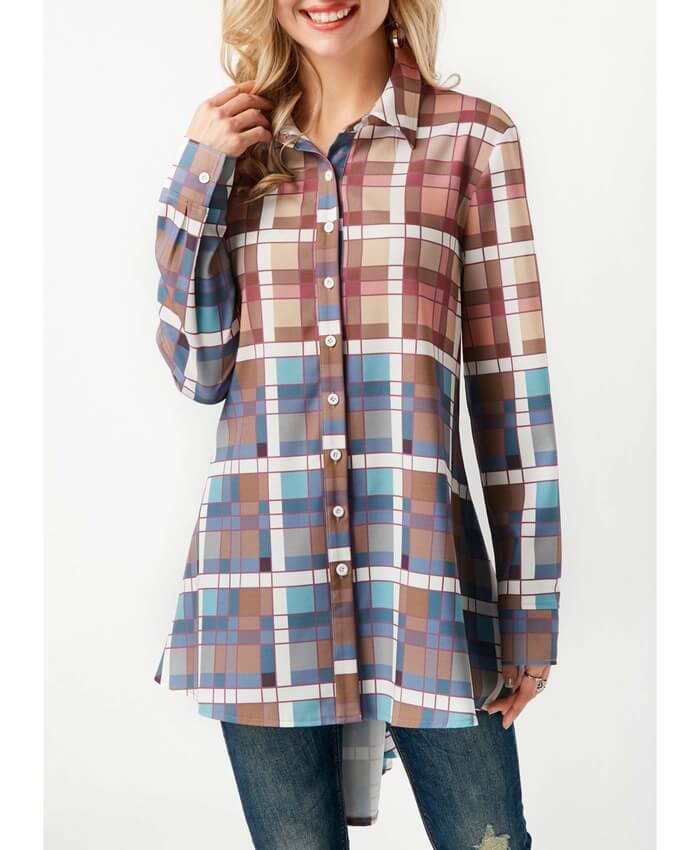 Button Up Plaid Print Asymmetric Hem Blouse